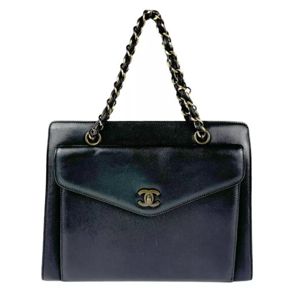 Auth CHANEL Chain Handbag Black/Gold Leather - Picture 1 of 15